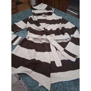 REMAIN Nordstrom Hooded Cardigan Belted Sz M Tan Brown Stripe Exposed Seams Y2k